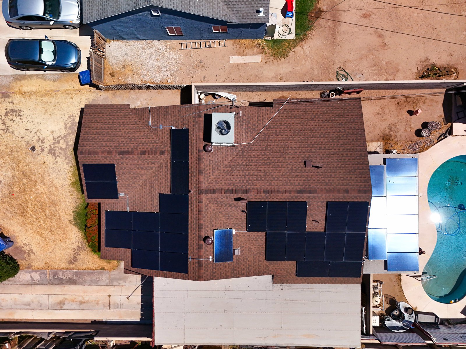 Top-down drone view of solar panels