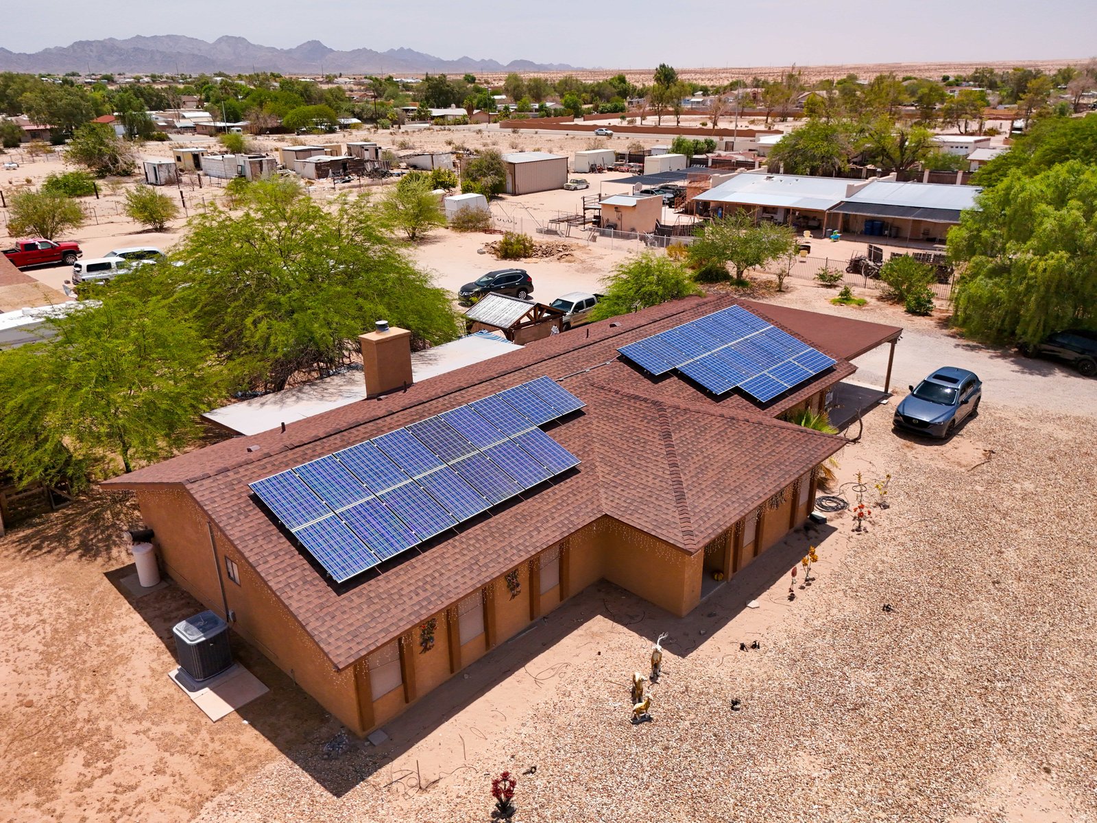 Aerial view solar panels Arizona desert